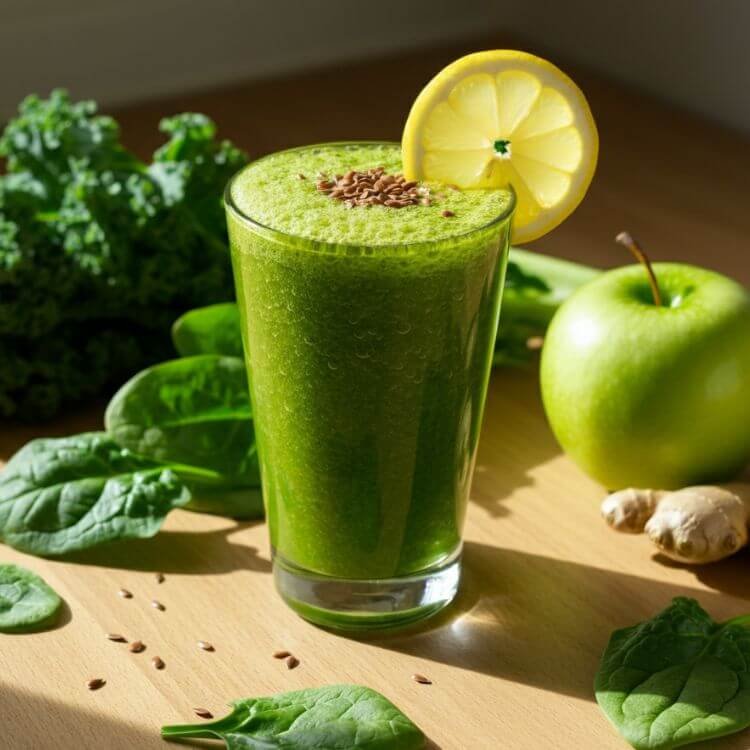 A vibrant and refreshing green detox smoothie in a clear tall glass, garnished with a lemon wedge and sprinkled with flax seeds.
