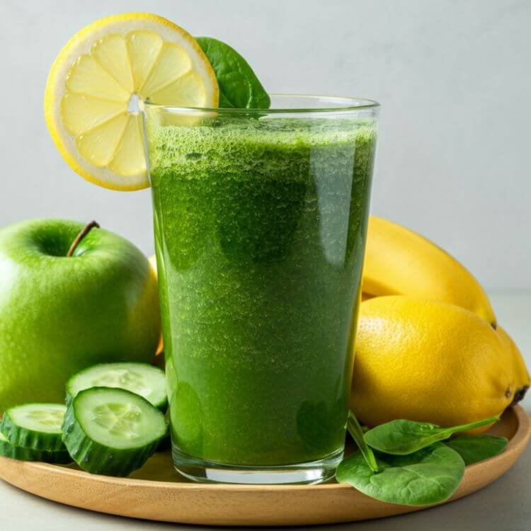 A vibrant green detox smoothie in a clear tall glass, garnished with a lemon slice and a small sprig of fresh spinach or kale.
