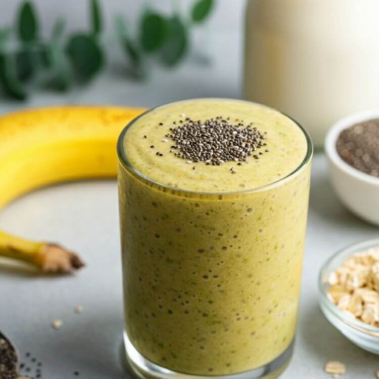 A vibrant close-up of a freshly prepared gut health smoothie in a clear tall glass, surrounded by its ingredients: a ripe banana, a portion of oats, a spoonful of chia seeds, and a glass of almond milk. The setup should look clean, bright, and inviting, a sprig of greenery for a fresh touch. The smoothie should appear thick and creamy, garnished with a sprinkle of chia seeds on top.