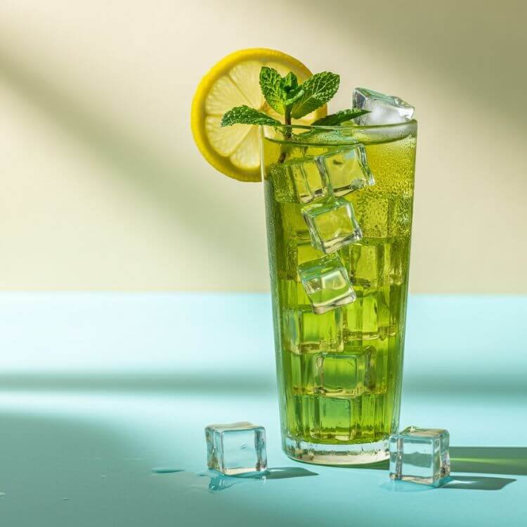 A refreshing tall glass of iced green tea served with ice cubes, a slice of lemon on the rim, and a sprig of mint for garnish. The background is light