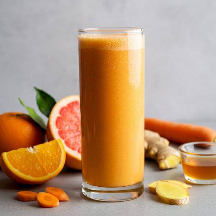A vibrant, refreshing immune booster smoothie in a clear tall glass. The smoothie has a smooth, bright orange color with a touch of froth on top.