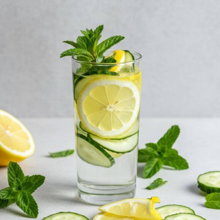 A refreshing clear tall glass filled with cold water, sliced lemon, and cucumber floating alongside vibrant green mint leaves.