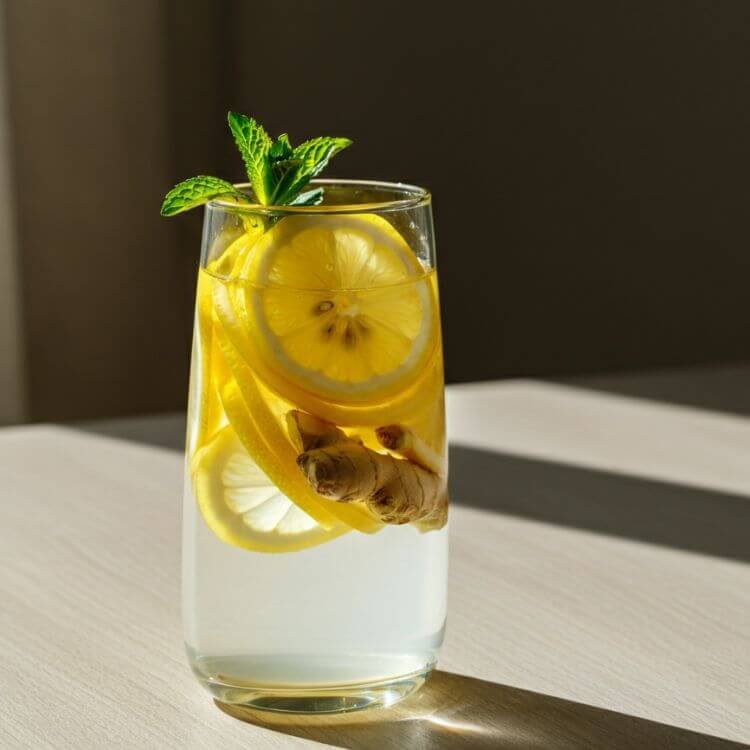 A clear tall glass filled with vibrant lemon slices, fresh ginger pieces, and water, sitting on a light wooden table with a sunny background. Add a drizzle of honey and a sprig of mint for a touch of elegance.