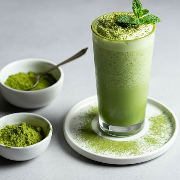 A refreshing green Matcha Frappe served in a clear glass, topped with a sprinkle of matcha powder. Place the drink on a white dish with a small bowl of matcha powder and a spoon nearby for an inviting presentation.
