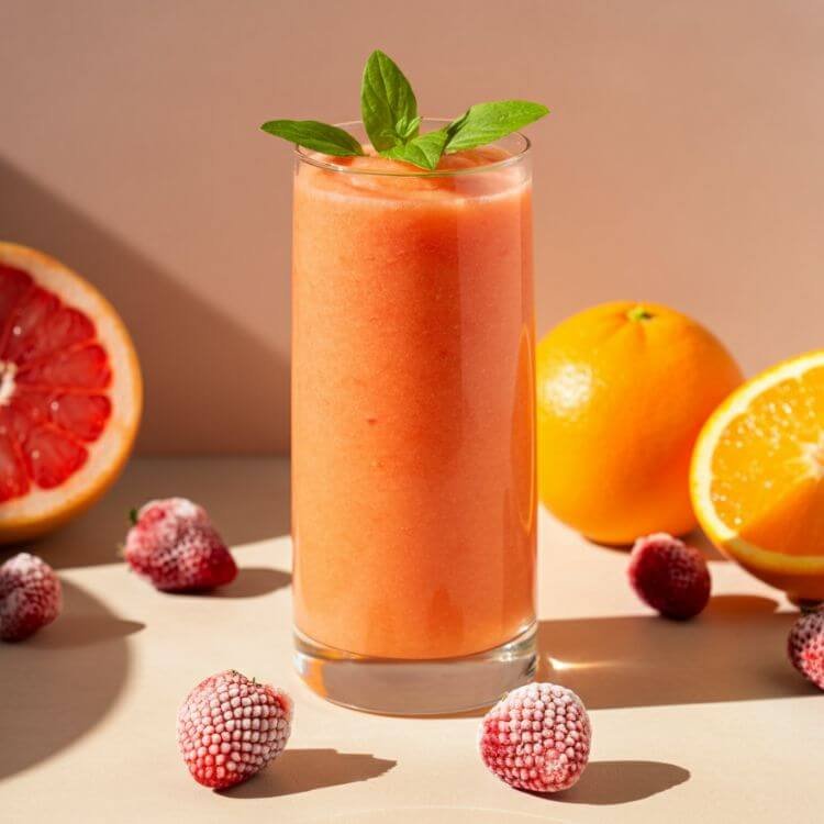 A vibrant, refreshing smoothie in a clear tall glass, bursting with bright orange and pink hues. Surround the glass with fresh citrus fruits like a halved grapefruit, a peeled orange, and a few frozen strawberries scattered on a light, sunlit surface. The scene feels fresh, healthy, and energizing, emphasizing hydration and vitality.