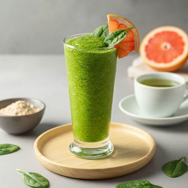 A vibrant, refreshing smoothie in a clear tall glass, placed on a light wooden dish. The smoothie has a soft green hue, garnished with a slice of grapefruit and a sprinkle of spinach leaves.
