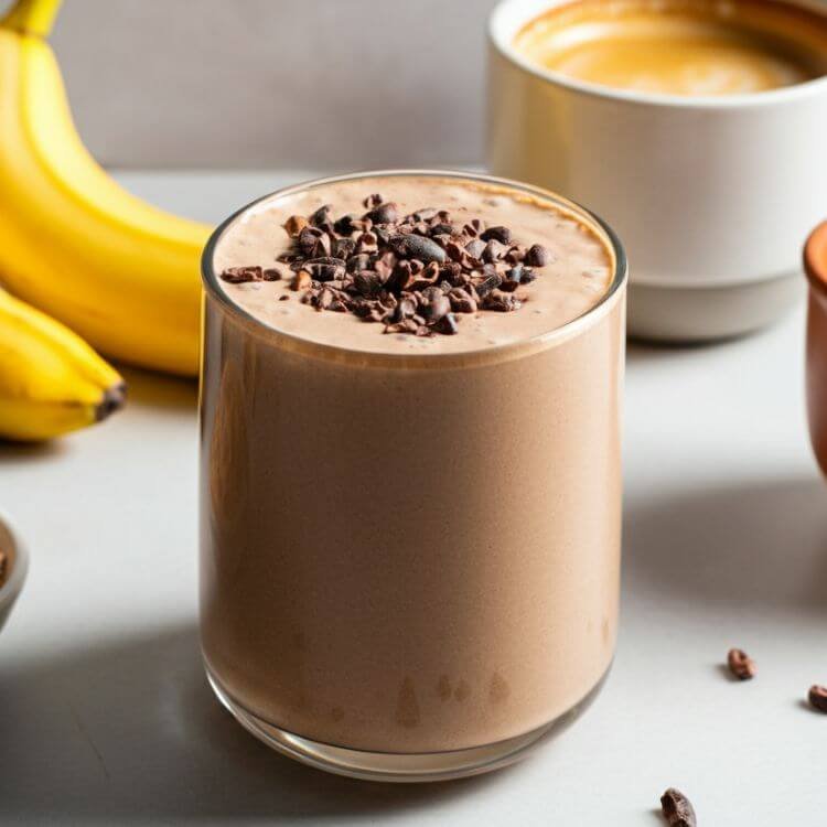 A vibrant, close-up image of a glass filled with a creamy mocha smoothie, garnished with a sprinkle of cacao nibs on top.