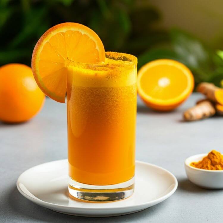 A vibrant TALL glass of orange juice with a sprinkle of turmeric on top, garnished with a slice of orange and a small bowl of turmeric powder nearby. all placed on white dish