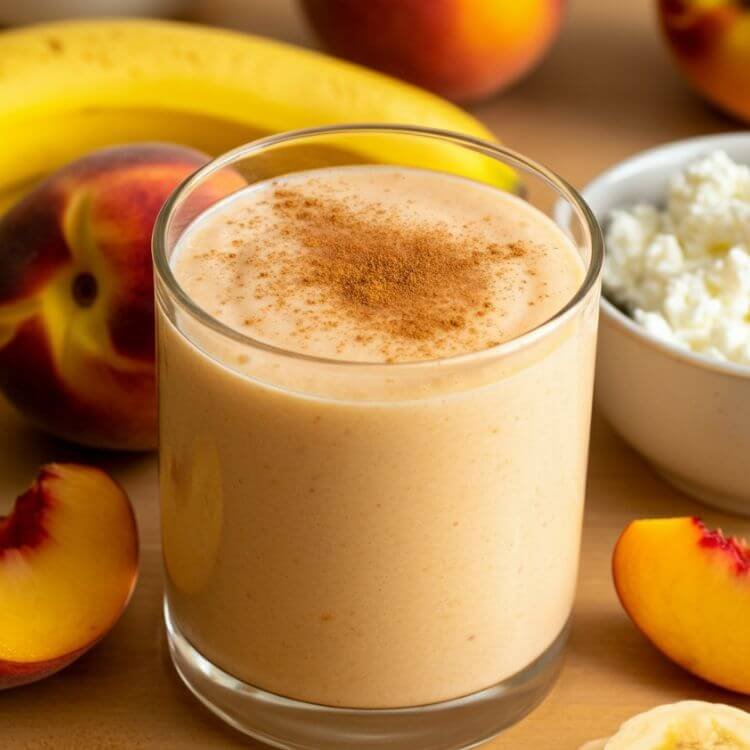 A refreshing smoothie scene featuring a glass of creamy peach-colored smoothie, garnished with a sprinkle of cinnamon on top. Surround the glass with fresh peach slices, half a banana, a small bowl of cottage cheese.