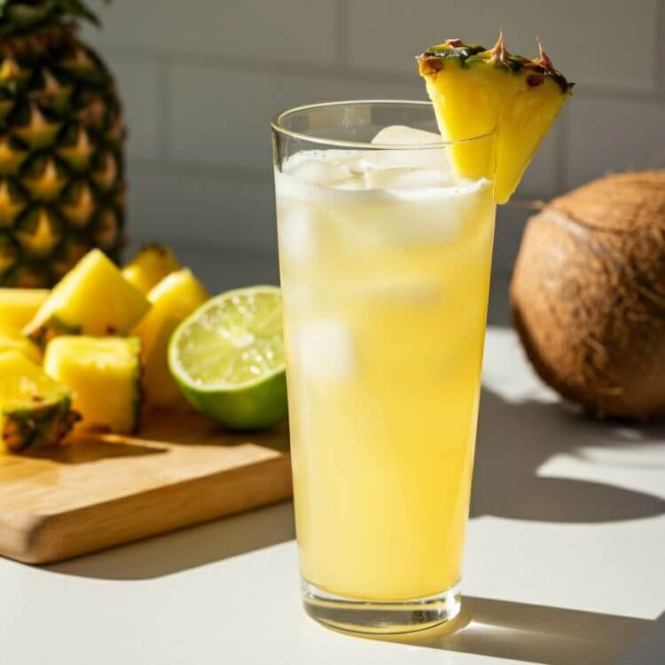 A refreshing tropical drink featuring a tall glass of pineapple coconut cleanser served over ice. The vibrant yellow of the pineapple blends with the clear coconut water, garnished with a lime wedge and a small pineapple chunk on the rim.