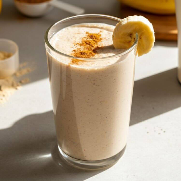 A sleek glass filled with a creamy protein shake, garnished with a sprinkle of cinnamon or a slice of banana, sitting on a clean kitchen counter with natural light streaming in. Include a scoop of protein powder and a shaker bottle in the background.