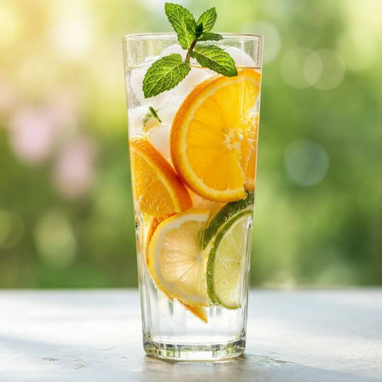 A chilled tall glass of sparkling water filled with colorful slices of orange, lemon, and lime, garnished with a sprig of mint, set against a sunny backdrop. Ice cubes glisten, and condensation beads on the glass for a crisp, refreshing look.