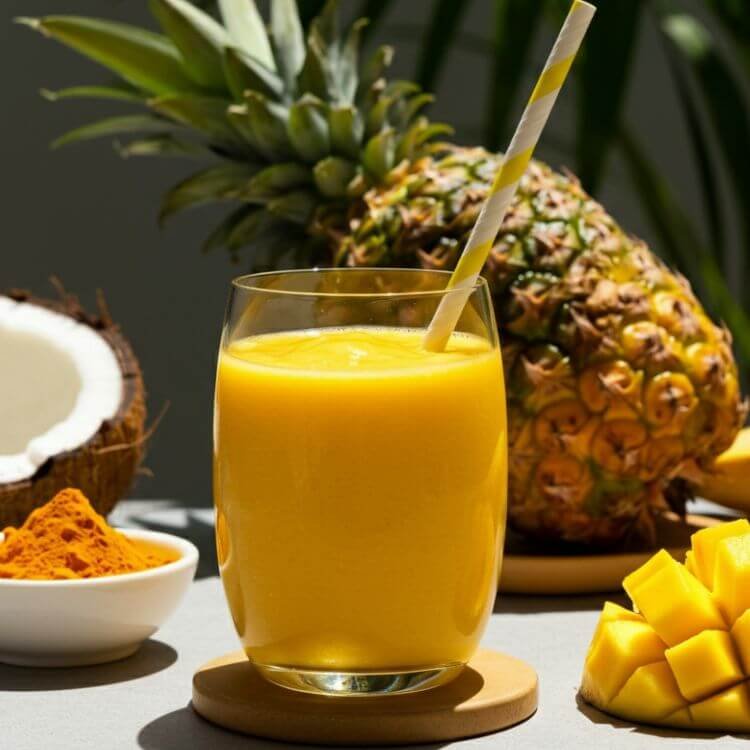 A vibrant tropical smoothie surrounded by fresh mango chunks, pineapple slices, and a banana, served in a clear glass with a straw. The smoothie is bright yellow-orange, radiating a fresh and energizing vibe.