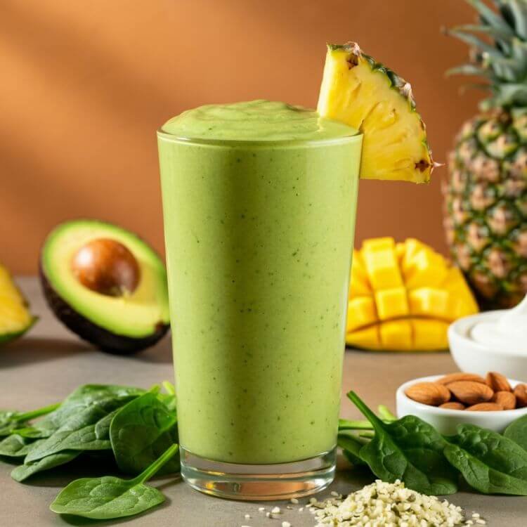 A vibrant tropical smoothie in a clear tall glass, showcasing a creamy green blend of spinach, avocado, and tropical fruits like pineapple and mango.