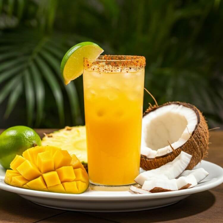 A vibrant tropical drink in a clear  tall glass, garnished with a lime wedge, sitting on a big white dish with  fresh pineapple chunks, diced mango, and a coconut. The drink is a bright yellow-orange color, with ice cubes visible. A small pinch of cayenne pepper is sprinkled on top, and the background evokes a tropical vibe with soft natural lighting and greenery.