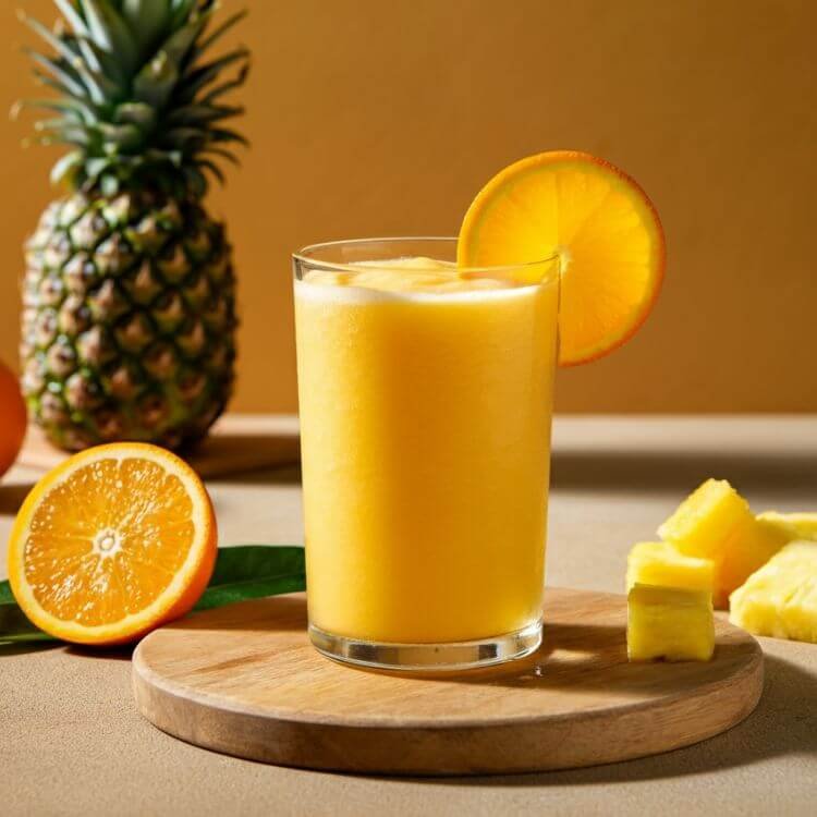 A vibrant and refreshing smoothie served in a chilled glass, with a bright yellow-orange hue resembling a tropical sunrise. Garnish with a small slice of orange on the rim