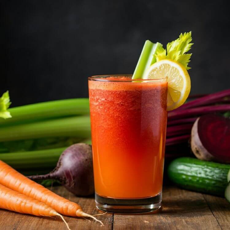 A vibrant tall glass of bright orange and red juice, garnished with a celery stick and lemon wedge, sitting on a wooden countertop surrounded by fresh carrots, cucumbers, and beets.