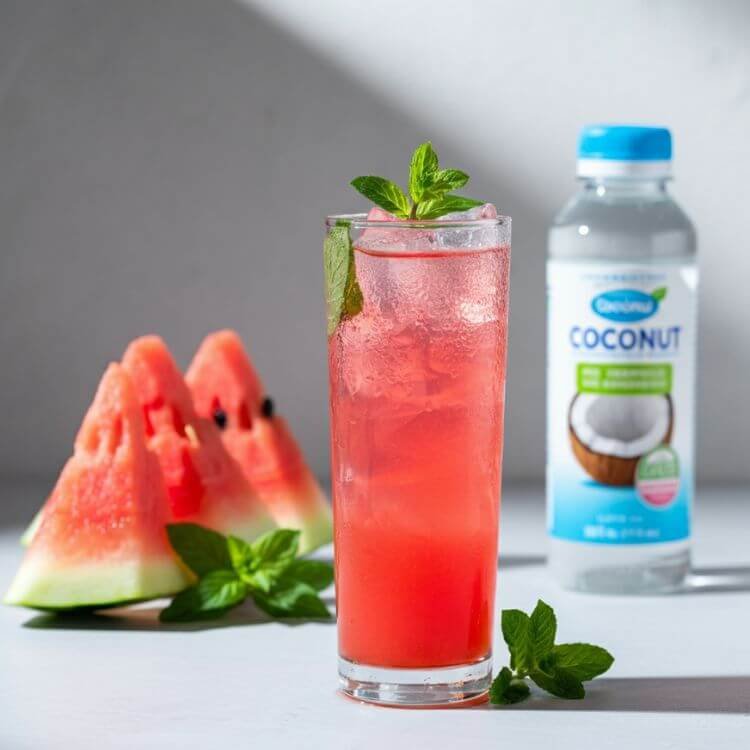 A refreshing summer drink featuring a tall glass of vibrant pink watermelon mint cooler served over ice, garnished with fresh mint leaves.