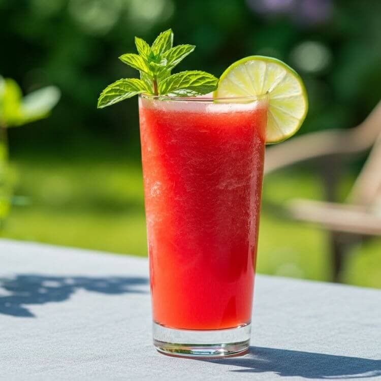 A vibrant clear tall glass of watermelon juice garnished with fresh mint leaves and a lime wedge, set against a sunny outdoor backdrop.