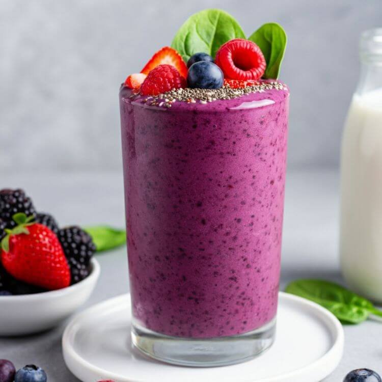 A vibrant, colorful smoothie in a clear tall glass, topped with fresh mixed berries, chia seeds, and a sprinkle of spinach leaves. The smoothie has a rich purple hue, with a background of fresh ingredients like strawberries, blueberries, raspberries, almond milk, and a scoop of protein powder, all placed on white dish. Light, natural lighting with a clean, minimalistic setup.