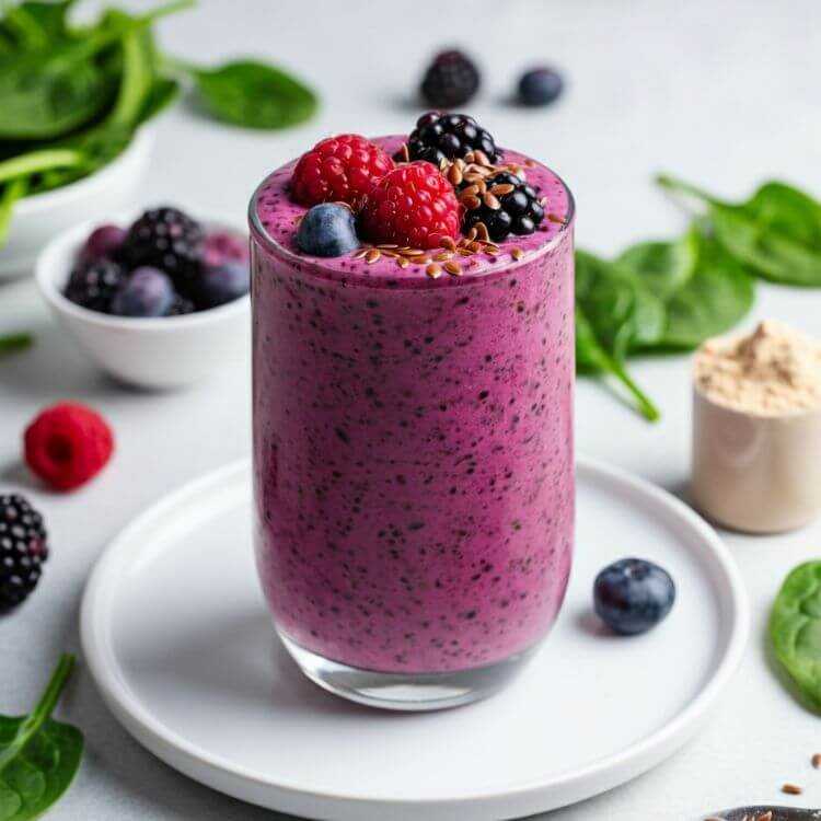 A vibrant smoothie in a clear tall glass, topped with fresh mixed berries and a sprinkle of flaxseed. The smoothie is a rich, berry-purple color with hints of green from spinach, all placed on white dish.