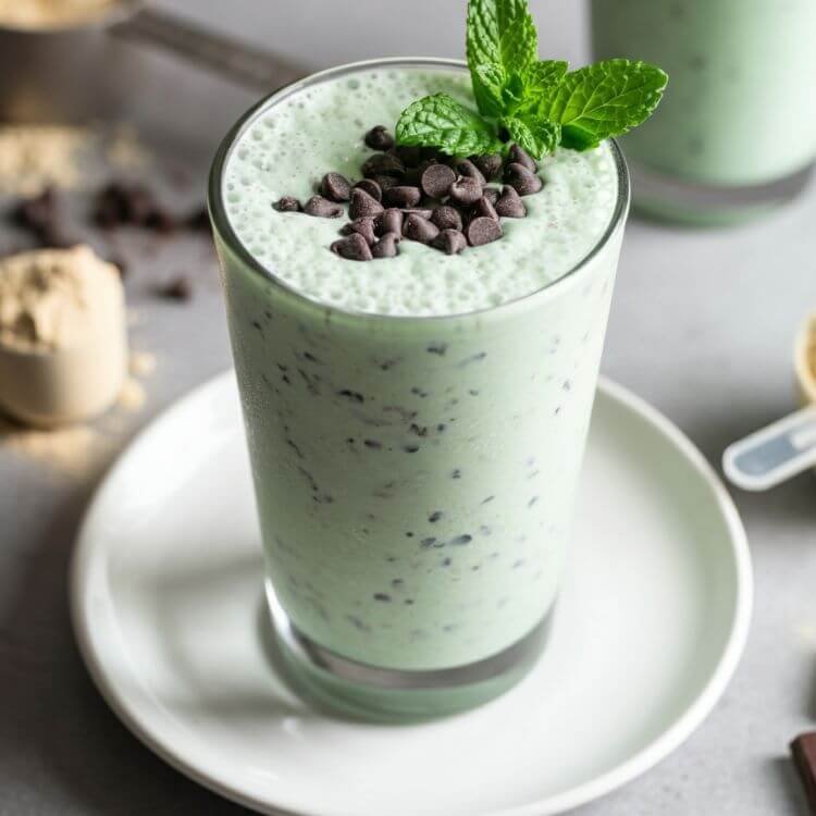 A vibrant and refreshing Mint Chocolate Chip Protein Treat. A tall glass filled with a creamy chocolate protein shake, topped with a sprinkle of dark chocolate chips and a mint leaf for garnish. all place on white dish.