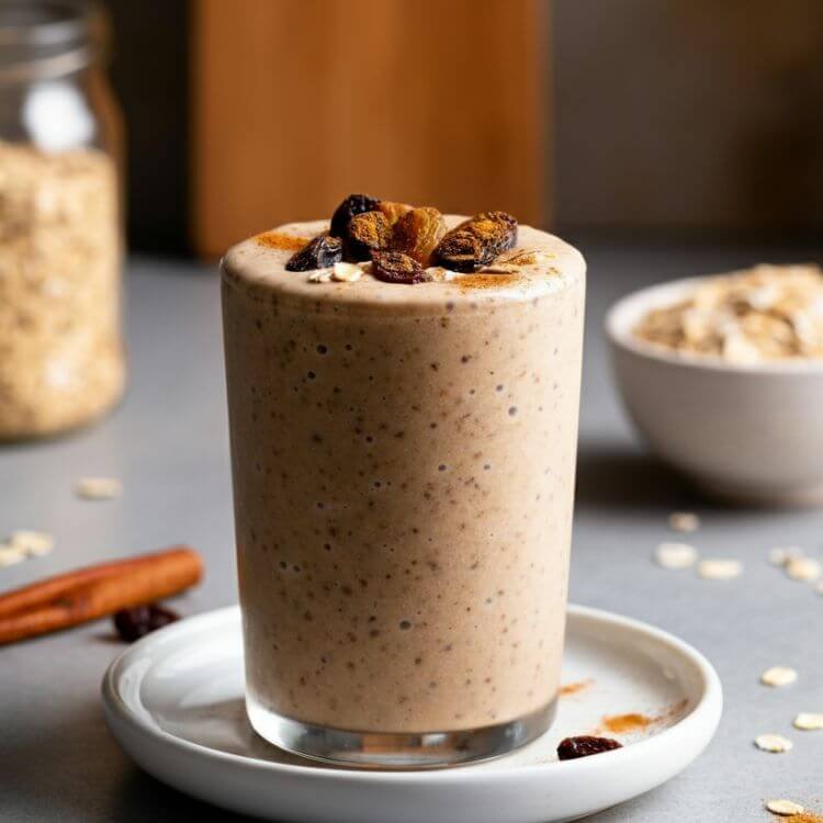 A cozy oatmeal raisin cookie smoothie in a clear tall glass, topped with a sprinkle of cinnamon, rolled oats, and a few raisins, all placed on white dish. The background is light features a warm, rustic kitchen setting with a small bowl of oats, a cinnamon stick, evoking a comforting breakfast vibe.