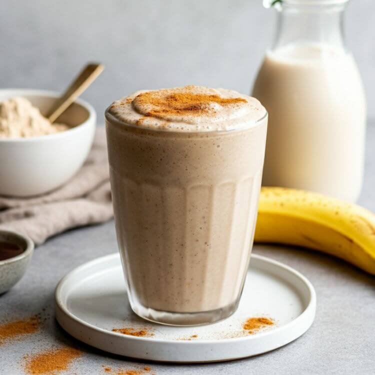 A cozy, rustic kitchen setting with a tall glass of creamy Snickerdoodle Protein Shake topped with a sprinkle of cinnamon and nutmeg. Beside the glass, place a small bowl of protein powder, a halved banana, a jug of cashew milk, and a drizzle of maple syrup, all placed on white dish. the background is light
