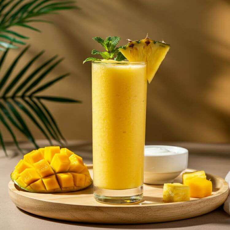 A vibrant and refreshing smoothie in a clear tall glass, garnished with a small pineapple wedge and a sprig of mint. The smoothie is a light tropical yellow, sitting on a light wooden dish. Surround the glass with fresh pineapple chunks, mango slices, a small bowl of Greek yogurt. The background features soft, sunny lighting with a hint of tropical decor, like palm leaves or a beach-inspired cloth.