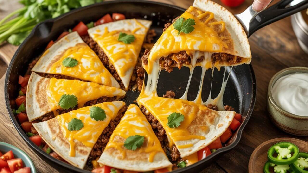 Cheesy Ground Beef Quesadilla Skillet Recipe